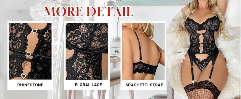 Women's Floral Lace Mesh Lingerie Set Teddy Babydoll Bodysuit with Garter Belts,Valentine's Day Gift,Minimalist Basic Nightgown Sleepwear Womenswear Comfort Sheer Fabric Soft Black