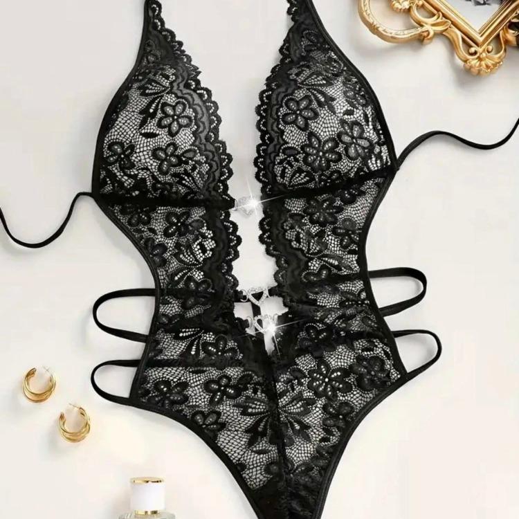 Ugreat Women's Floral Lace Rhinestone Ring Linked Sheer Teddy Bodysuit, Sexy fashion Contrast Lace Tie Backless Bodysuit for Daily Wear, Women's Lingerie for All Reasons Black Fabric