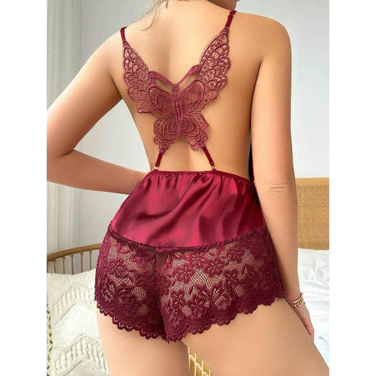 Black Backless Butterfly Design Sleepwear Romper Fit Sleeve Strap Womenswear Day Lingerie