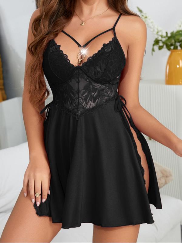 Women's Contrast Lace Backless Split Thigh Cami Nightdress, Adjustable Spaghetti Strap Sheer Nightgown, Women's Sleepwear for Summer, Valentine's Day Gift for Girl