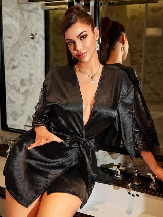 Lace Backless Kimono Robe, High-End Satin Comfortable Extremely Alluring Women Sleepwear Fabric Fit