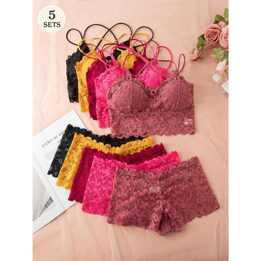 Seamless Wireless Christmas Red Lingerie Set with Camisole and Bra for Women - 5 Pieces Set Featuring Floral Embroidered Mesh Underwire Tops Womenswear Panty Comfort Fabric Halter Multicolor Basic Minimalist Lace Pastel