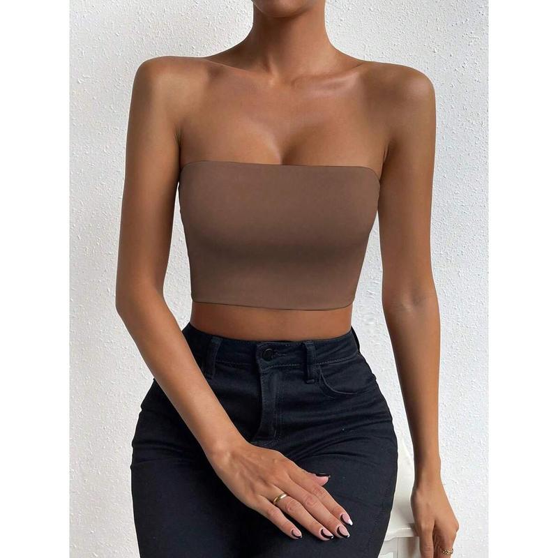 SolidTube Crop Top Fashion Fit Sleeve Womenswear Fabric Polyester Sheer Basic Minimalist
