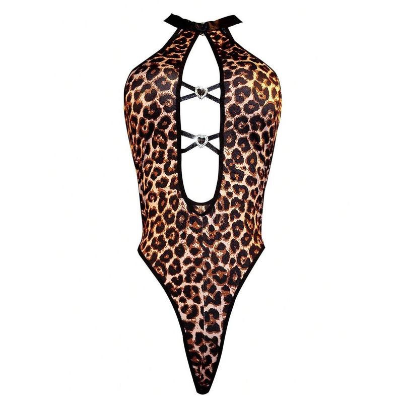 1pc Women's Sexy Leopard Print Jumpsuit With Criss-Cross Tie And Heart-Shaped Rhinestone Decor, Backless Hollow-Out Design, Highwaist Cutout Style, Intimate Apparel Fabric Lingerie Womenswear Day