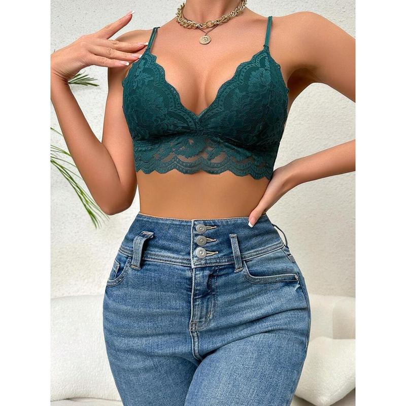 Floral Lace Scallop Trim Bralette Lingerie Womenswear Party Tops Nylon Black