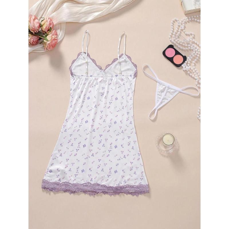 2 Pieces Women Sexy Purple Ditsy Floral Adjustable Strap Lace Patchwork Bow Bodycon Mini Nightgown Sleeve Womenswear Loungewear Nightwear Slip Sleeveless White