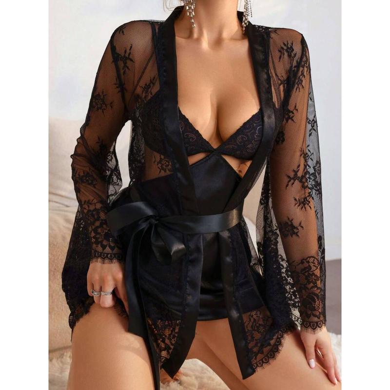 Women's Sexy 2-Piece Lingerie Set |   Babydoll & Lace Kimono Robe |   Mesh Sleep Dress With Gown |   Valentine's Day Gift |   Free Accessories Included Bra Elegance Fabric Satin Embroidery Everyday