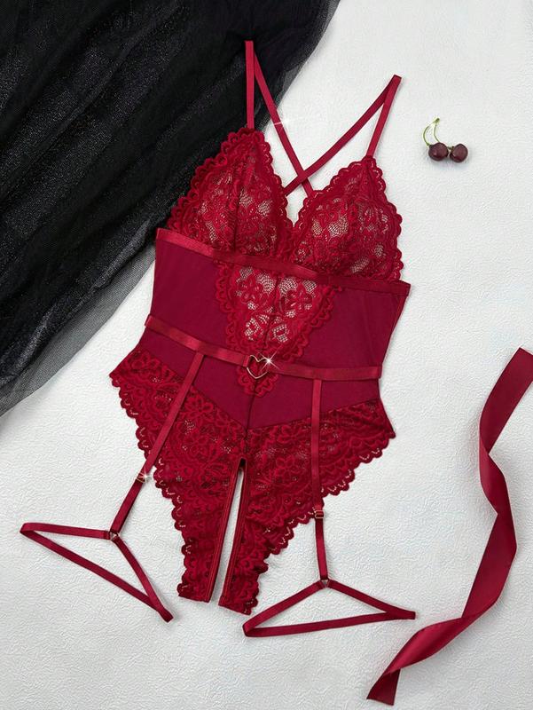 Classic Sexy 2pcs Jumpsuit For Women, Mini Skirt Pieces Mesh cover bodysuit Adjustable Valentine Womenswear Burgundy Strap sleepwear casual sleep dress pajama life elegant nightwear Preppy Plaid Crop Top acrylic blend Floral Lace Push-Up Lingerie Set