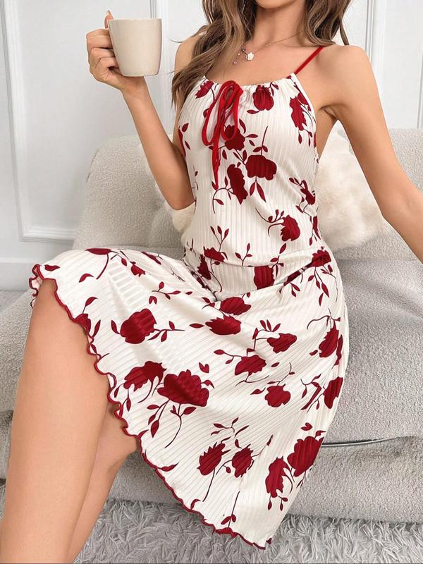 Women's All Over Floral Print Silky Lettuce Trim Cami Nightdress, Casual Soft Comfortable Spaghetti Strap Tie Front Nightgown for All Seasons, Fashion Ladies' Sleepwear for Daily Wear