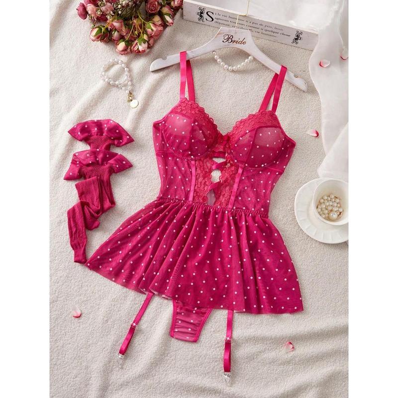PetitDoll 3pcs Set: Lace Embroidery Sheer Lingerie Jumpsuit + Stockings For Ladies Piece Cute Polyester Womenswear Sleeve Fabric Hot Pink