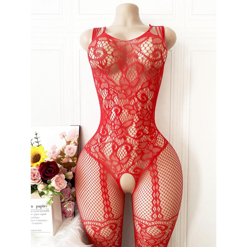 Red sexy jacquard lingerie set for women - high elastic semi-sheer mesh covering with fishnet leggings, open design and seams, perfect as a Valentine's Day gift and intimate night choice, set lingerie Clothes Soft