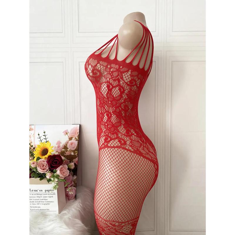 Red sexy jacquard lingerie set for women - high elastic semi-sheer mesh covering with fishnet leggings, open design and seams, perfect as a Valentine's Day gift and intimate night choice, set lingerie Clothes Soft