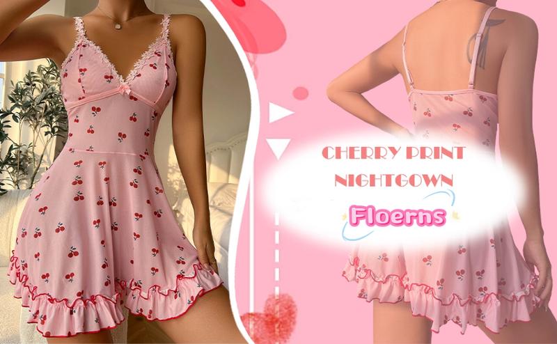 Cute Cherry Print Lace Trim Ruffle Hem Sleeveless Nightgown Chemise Comfy Nightwear