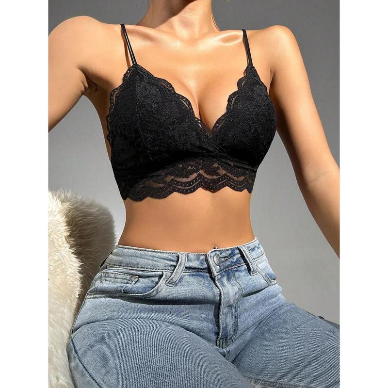 Floral Lace Scallop Trim Bralette Lingerie Womenswear Party Tops Nylon Black