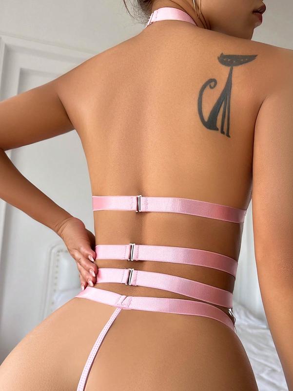 Lingerie Set for Women - Sexy Pink 4-Piece Lace Lingerie Set with Garter Belt, Thigh Band, Spaghetti Strap Design, 90g/m Tops & Bra Pant