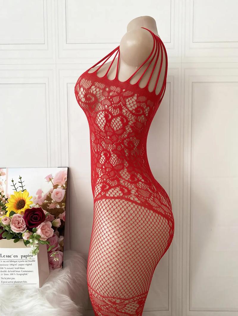 Red sexy jacquard lingerie set for women - high elastic semi-sheer mesh covering with fishnet leggings, open design and seams, perfect as a Valentine's Day gift and intimate night choice, set lingerie Clothes Soft