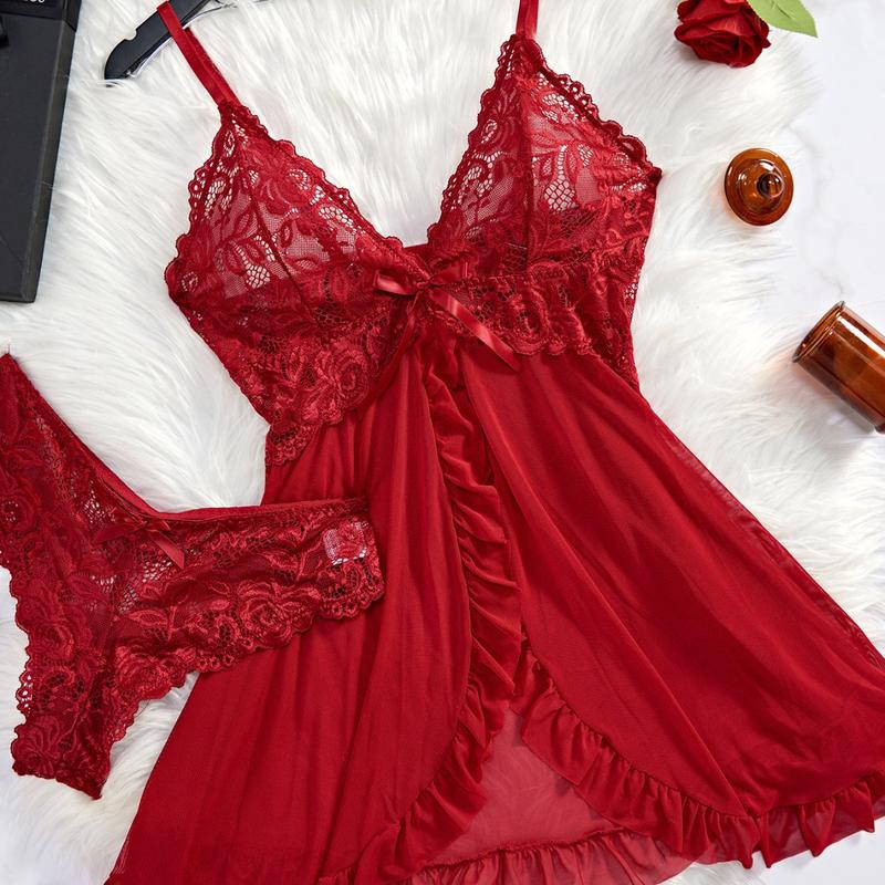 Ugreat Women's Contrast Lace Ruffle Trim Wrap Cami Nightdress & Bow Front Panty Set, Comfort Fabric Adjustable Spaghetti Strap Backless Sleep Dress & Knicker Set, Women Underwear, Lingerie for Women Piece Fit Elegant night gown Womenswear Aesthetic
