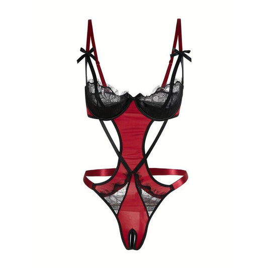 Women's Adjustable Lace Bodysuit and Thong Set Breathable Mesh Contoured Fit Casual Straps Womenswear Cosplay