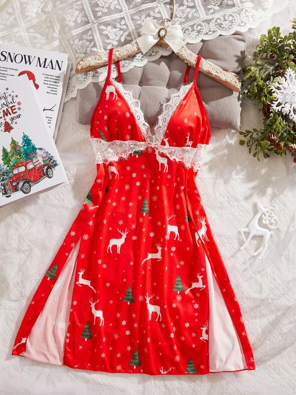 Christmas Women's Sleepwear, Reindeer Print Strap Nightgown, Festive Holiday Pajamas, Cozy Loungewear for Christmas Celebrations