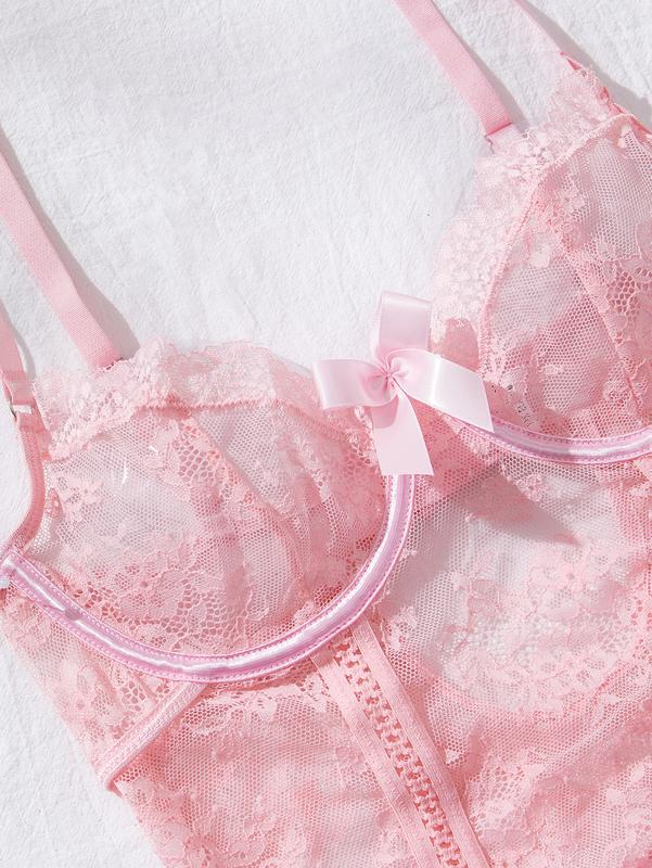 Floral Lace Mesh Lingerie Set Teddy Babydoll Bodysuit with Garter Belts Panty