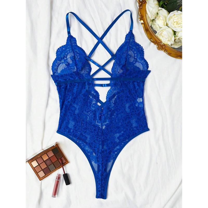 Classic Sexy Floral Lace Criss Cross Plunging Neck Teddy Bodysuit for Women Ideal as Party Gift
