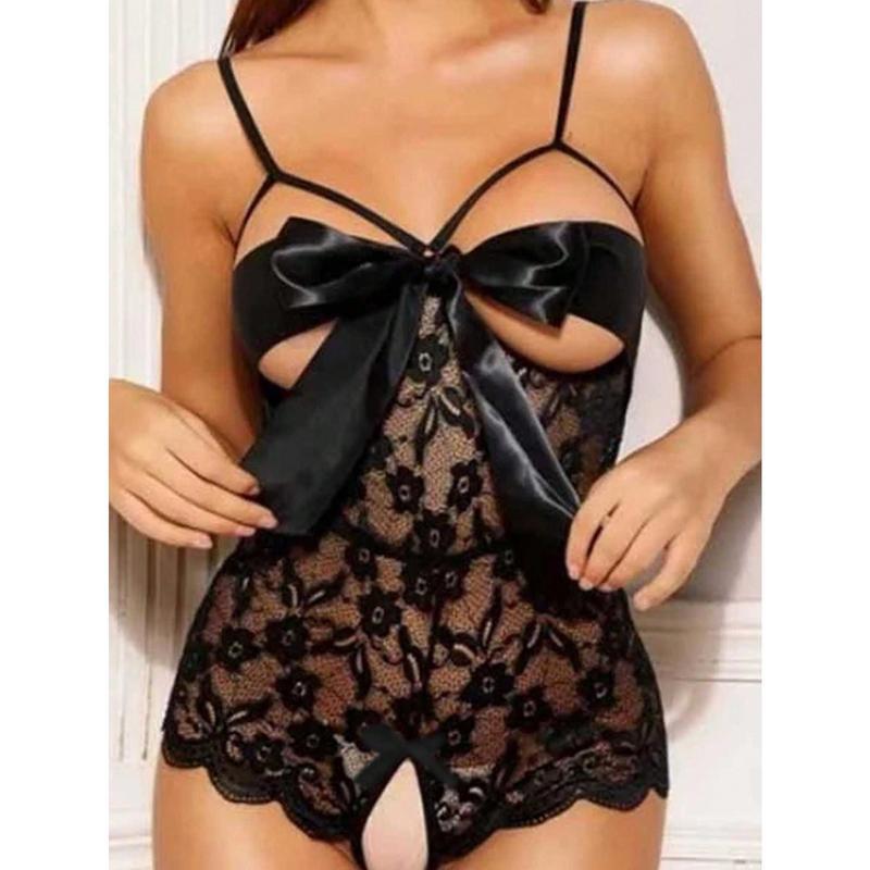 Women's Green Lace Sheer Open Crotch Bodysuit Lingerie for Sexy Wear Polyester Basic