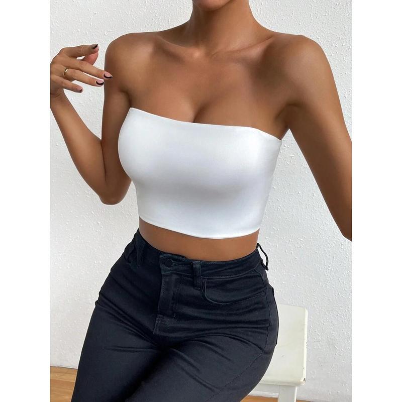 SolidTube Crop Top Fashion Fit Sleeve Womenswear Fabric Polyester Sheer Basic Minimalist