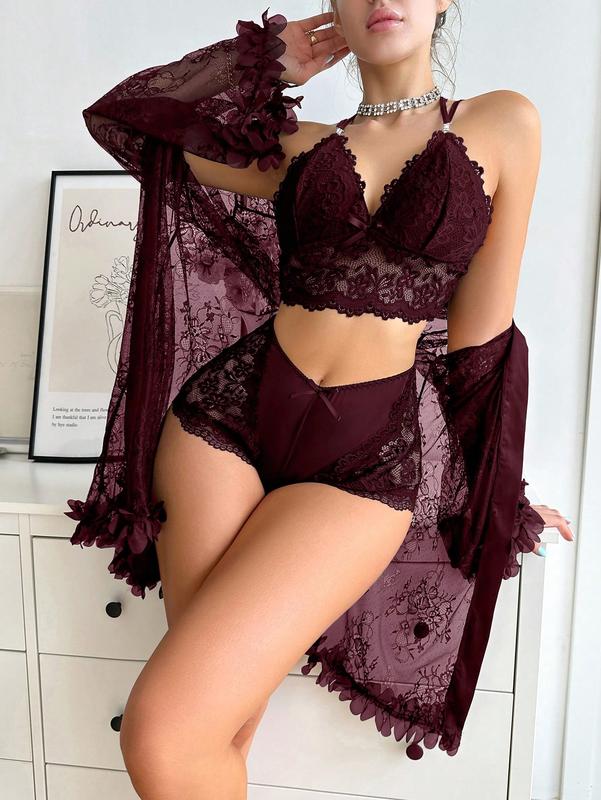 Silky Spell Women's Burgundy contrast night gown romantic neck teddy bodysuit one-piece woman Romantic Dress second vibes thong sexy sleepwear lacey elegant nightwear Vintage Preppy Plaid Crop Top acrylic blend Floral Lace Push-Up Lingerie Set