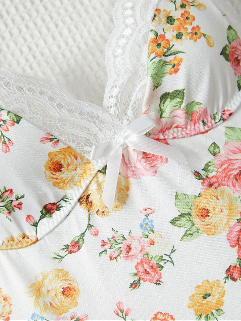 Women's Floral Print Contrast Lace Cami Nightdress, Elegant Soft Comfortable Spaghetti Strap Nightgown for Summer, Fashion Ladies' Sleepwear for Daily Wear