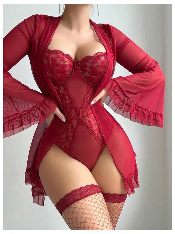 5 Piece Lingerie Set Floral Lace Teddy Bodysuit with Belt Robe Stockings dealsforyoudays
