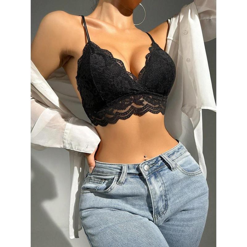 Floral Lace Scallop Trim Bralette Lingerie Womenswear Party Tops Nylon Black