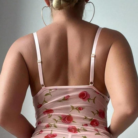 2 Piece Lingerie Set Floral Ruched Ruffle Babydoll Lingerie Chemise Nightgown Sleepwear Pink Loungewear
