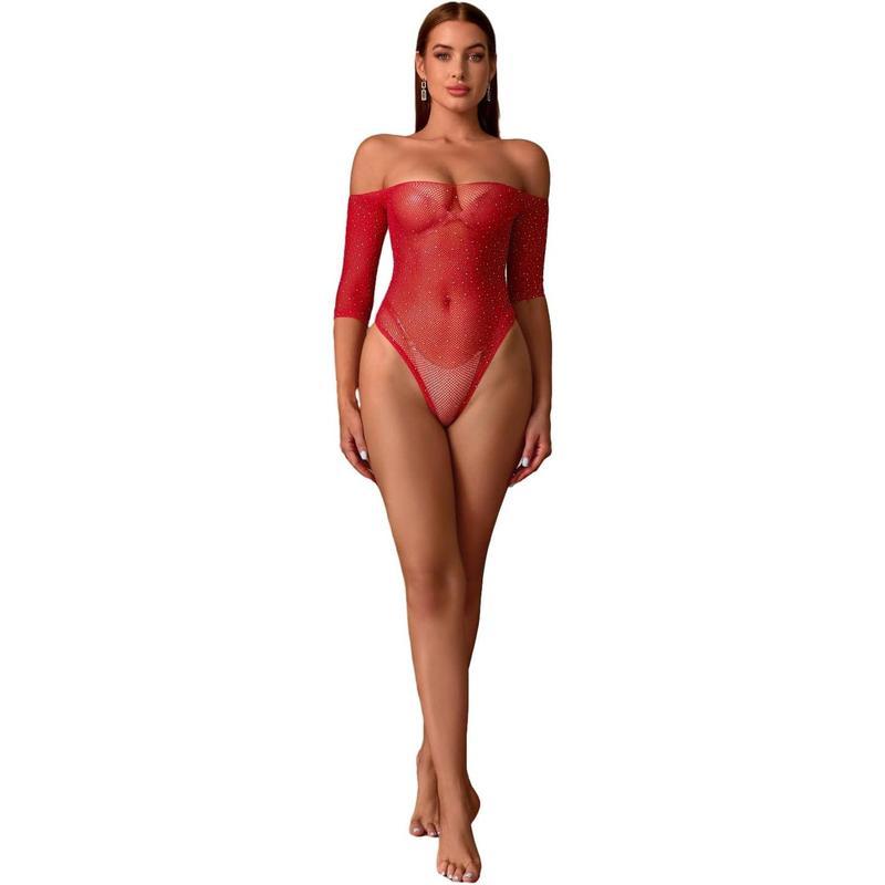 Women Lingerie Fishnet Bodysuit Sparkle Rhinestone  Mesh Teddy Lingerie One Size Womenswear Basic Fabric Formal
