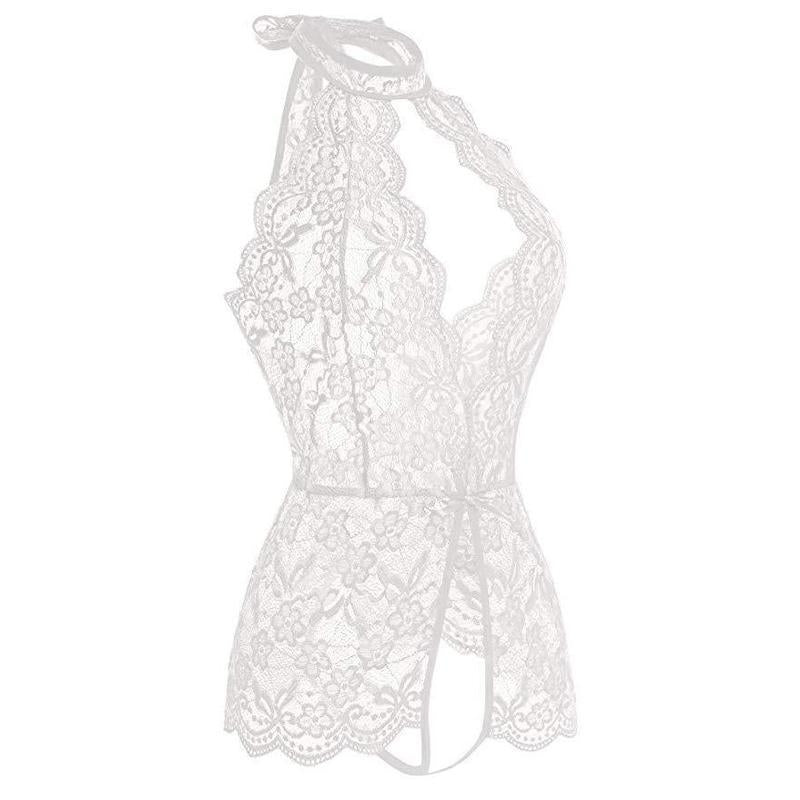 Women's Sexy Red Lace Open-End Jumpsuit – Seductive Sleepwear | Sultry Intimate Wear, Vibrant Red Lace Design, Perfect for Alluring Nights & Themed Occasions like Halloween, Combining Style with Seductive Appeal Fabric Floral