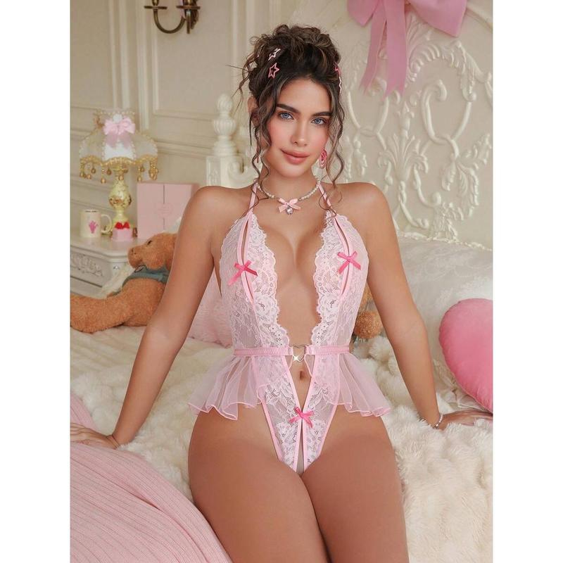 Women's Pink Backless Lace Crotchless Teddy Lingerie