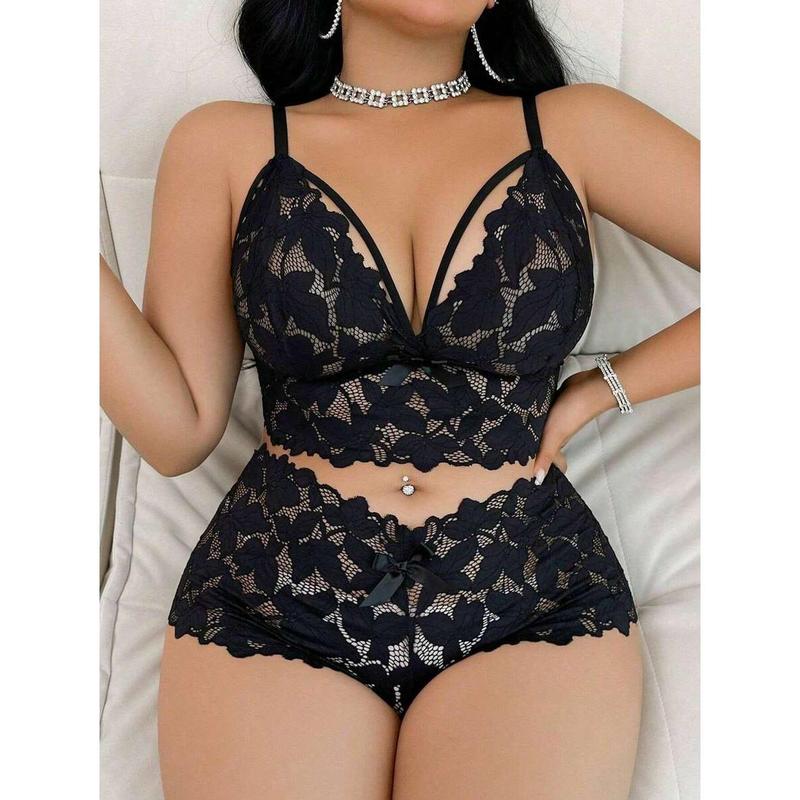 2-Piece Plus Size Women's Non-Wired Lace Bow Bra Set - Comfort Lingerie With Free Gifts, Perfect For Daily & Sleepwear Day Elegance