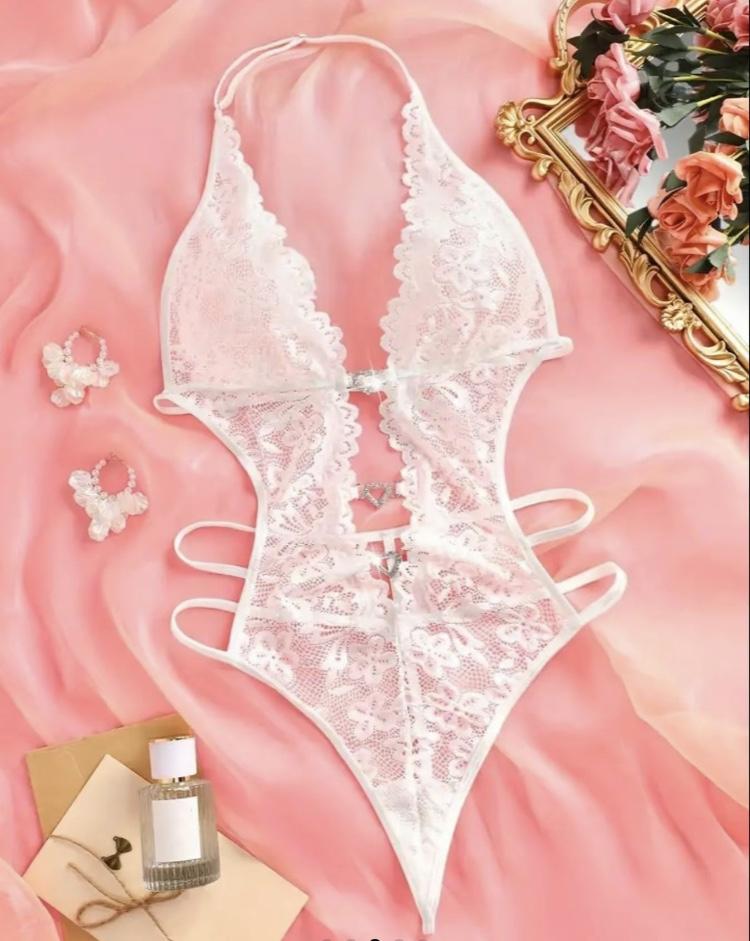 Ugreat Women's Floral Lace Rhinestone Ring Linked Sheer Teddy Bodysuit, Sexy fashion Contrast Lace Tie Backless Bodysuit for Daily Wear, Women's Lingerie for All Reasons Black Fabric