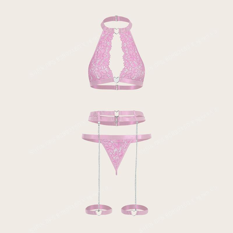 Lingerie Sets 5 Piece Lace Ring Linked Halter Bra and Panty Garter Belts Set