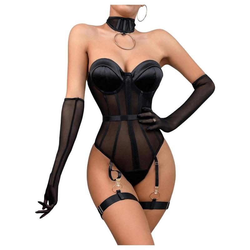 6 Piece Teddy Lingerie Bodysuit Mesh Cut Out Thong Leotard Club Wear