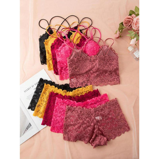 Seamless Wireless Christmas Red Lingerie Set with Camisole and Bra for Women - 5 Pieces Set Featuring Floral Embroidered Mesh Underwire Tops Womenswear Panty Comfort Fabric Halter Multicolor Basic Minimalist Lace Pastel