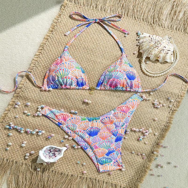 Swim Summer 2 Pieces Outfits For Women - Spaghetti Strap Random Print Top And High Cut Swim Bottoms, Beach Holiday Bikini Set