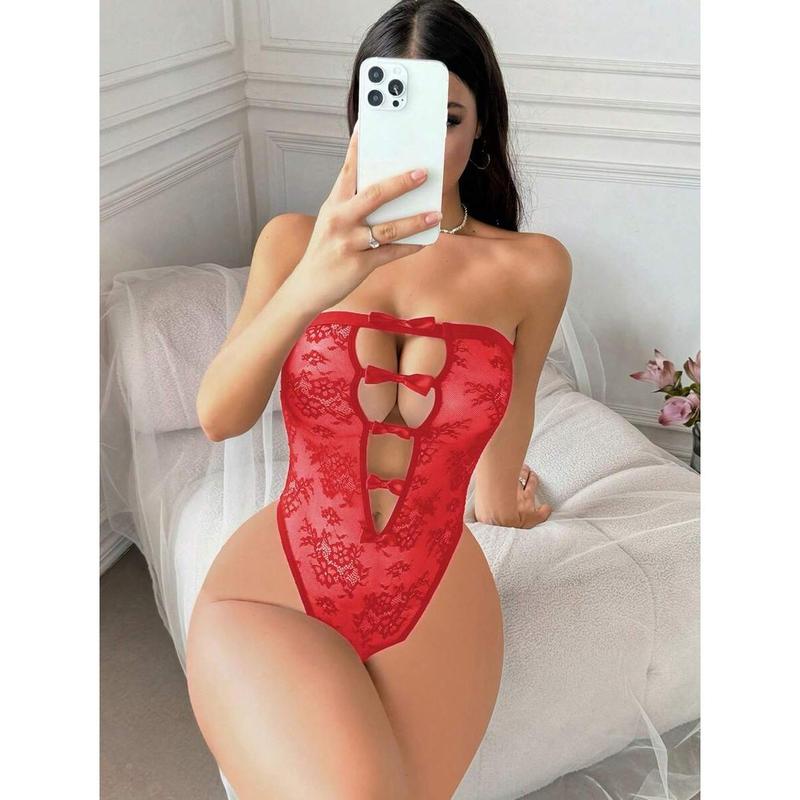 Classic Sexy Women Bow Decor Hollow-Out Sexy Lace Jumpsuit Womenswear Bodysuits Piece Sheer Tops Fabric Red Short