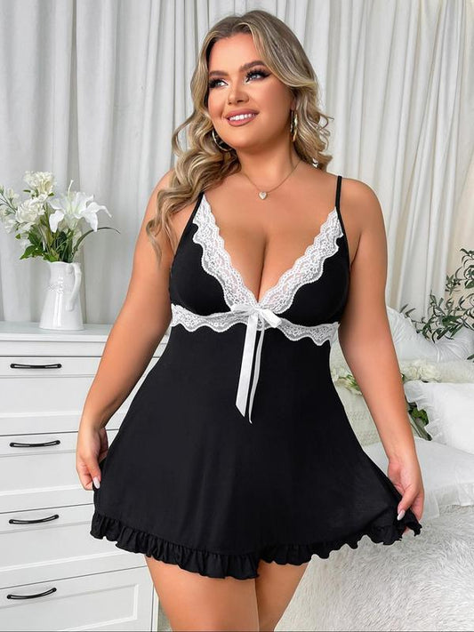 【Plus Size】 Contrast Lace Bow Decor Cami Nightdress, Elegant Ruffle Hem Split Thigh Nightgown, Women's Sleepwear for All Seasons
