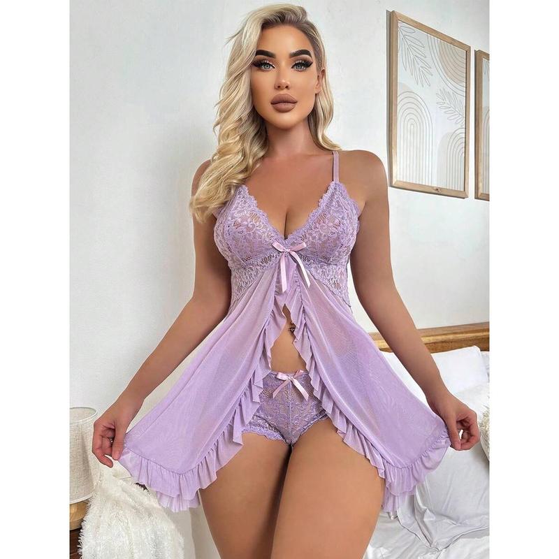 Contrast Lace Ruffle Trim Mesh Babydoll Sexy Lingerie Dress With Thong Fabric Polyester bikini boutique go nnaw ear it now Womenswear Bra