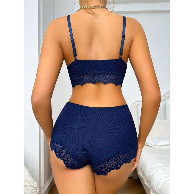 Contrast Lace Bra & Panty Set Lingerie Set Piece Casual Womenswear Spaghetti Strap Bluepanty Minimalist Basic