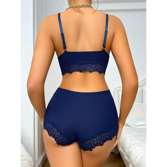 Contrast Lace Bra & Panty Set Lingerie Set Piece Casual Womenswear Spaghetti Strap Bluepanty Minimalist Basic