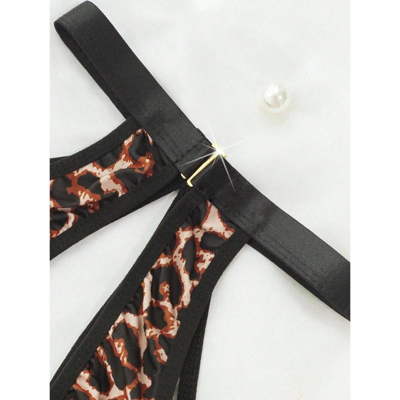 1pc Women's Sexy Leopard Print Jumpsuit With Criss-Cross Tie And Heart-Shaped Rhinestone Decor, Backless Hollow-Out Design, Highwaist Cutout Style, Intimate Apparel Fabric Lingerie Womenswear Day