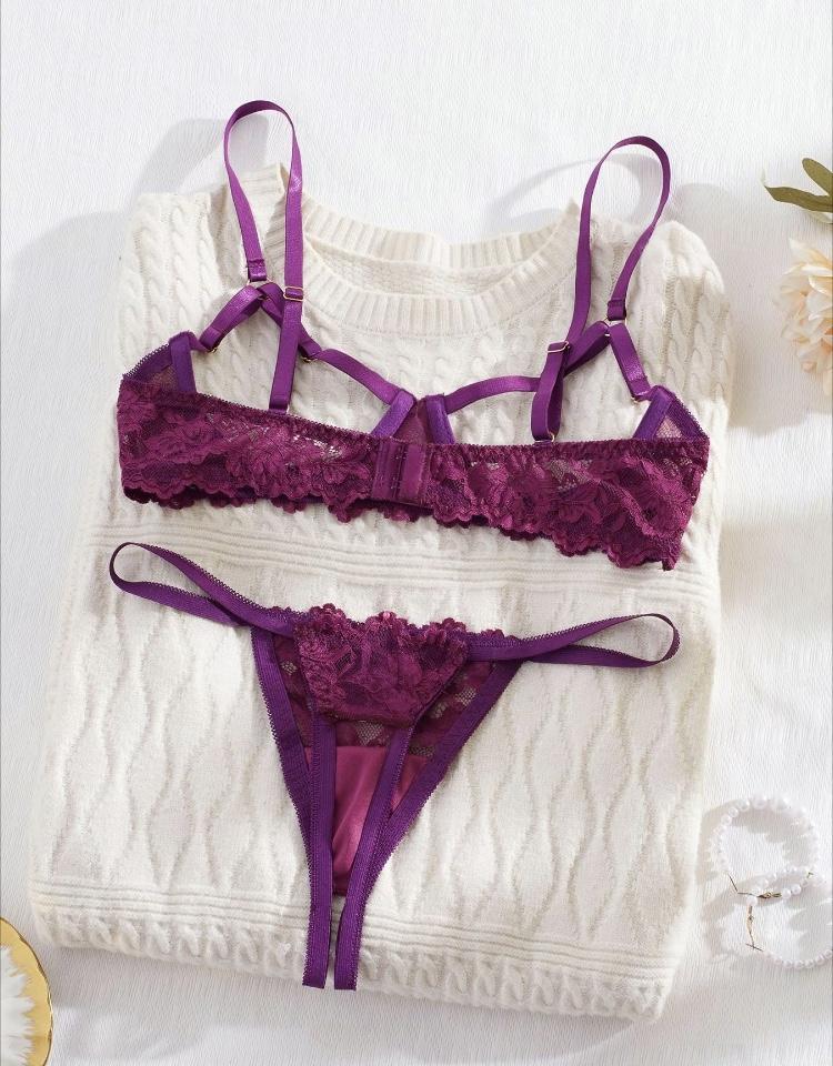 Ugreat Women's Floral Lace Sexy Lingerie Set, Sexy Cut Out Underwire Bra & Open Crotch Design Thong Two-Piece Set, Lingerie Set for Women, 2000s Wear Pink Straps