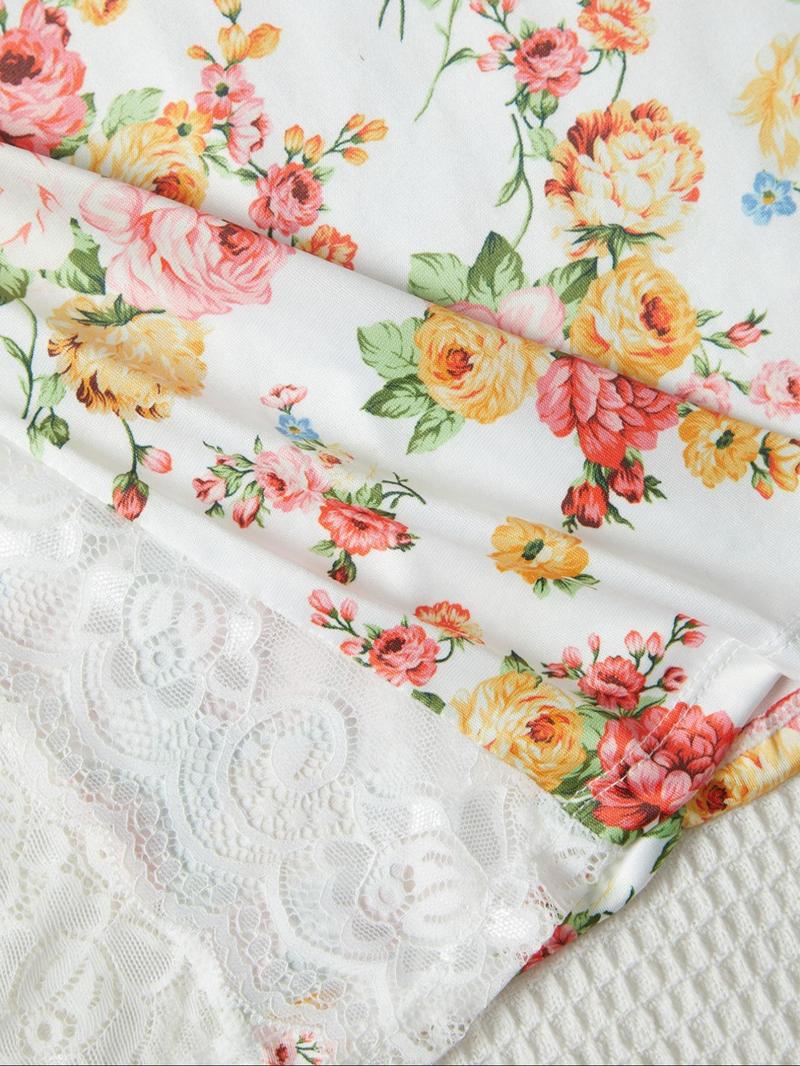 Women's Floral Print Contrast Lace Cami Nightdress, Elegant Soft Comfortable Spaghetti Strap Nightgown for Summer, Fashion Ladies' Sleepwear for Daily Wear