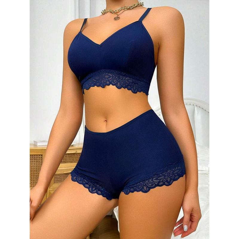 Contrast Lace Bra & Panty Set Lingerie Set Piece Casual Womenswear Spaghetti Strap Bluepanty Minimalist Basic